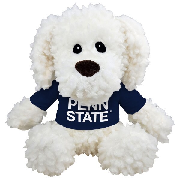plush Mopsy white curly fur dog with Penn State t-shirt